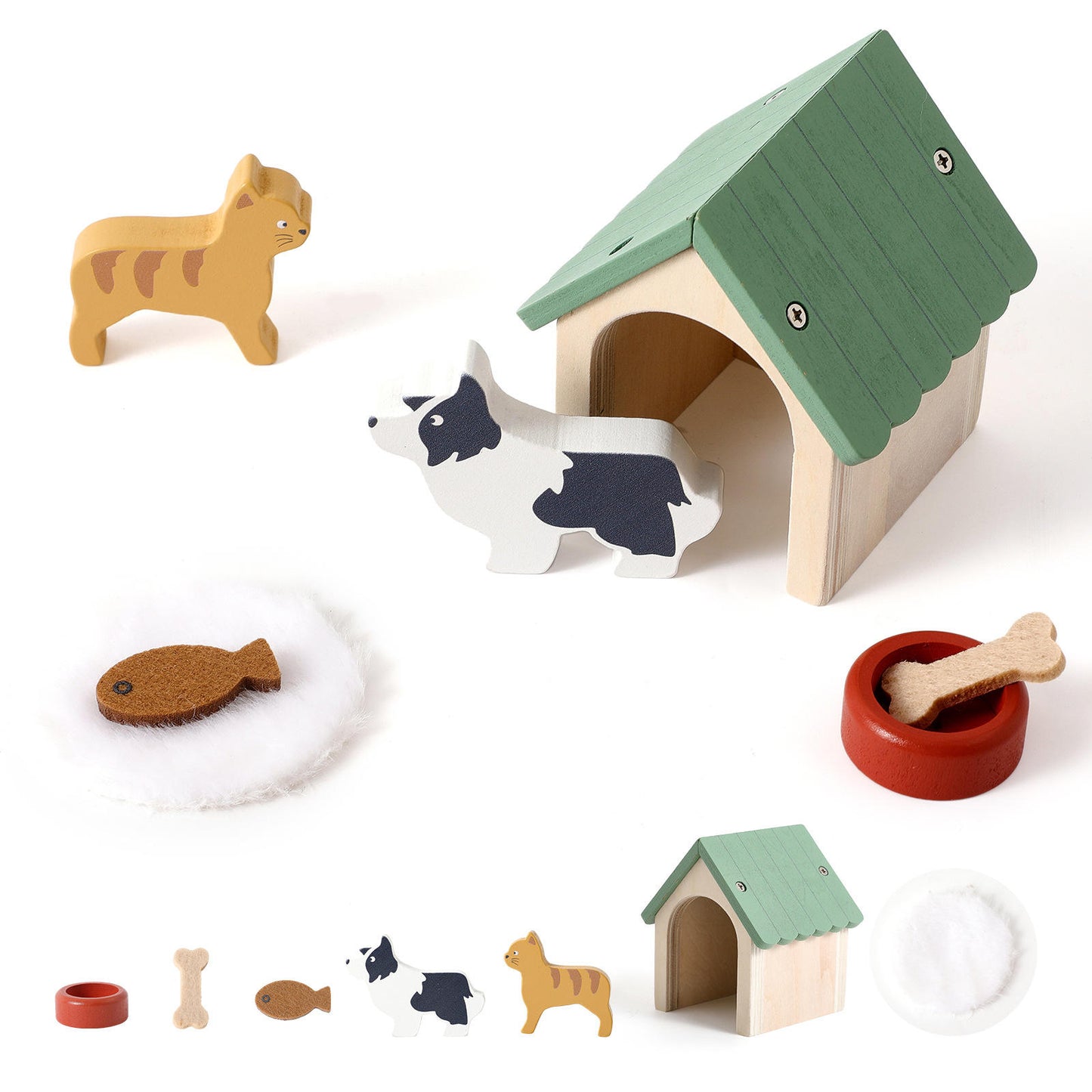 Wooden Dog House & Pet Pretend Play Set
