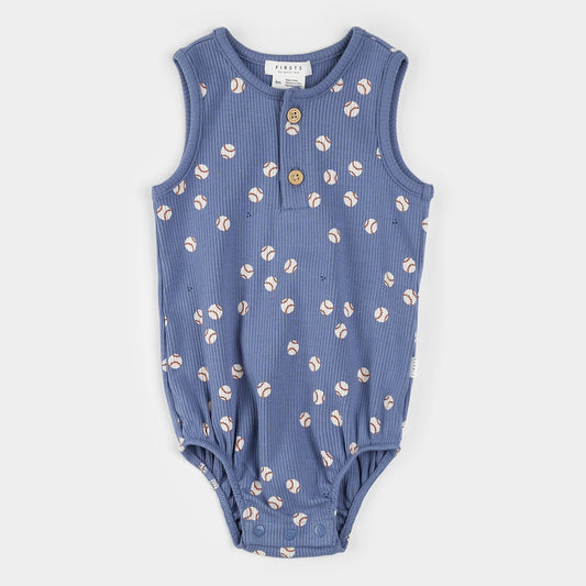 Baseball Print on Ribbed Royal Blue Romper | Petit Lem