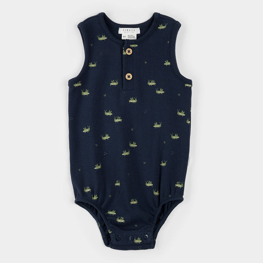 Grasshopper Print on Ribbed Dress Blues Bodysuit Romper | Petit Lem