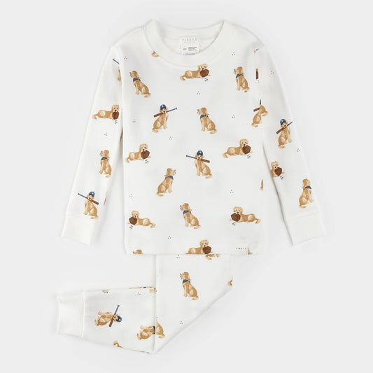 Golden Retriever Print on Off-White Infant PJ Set | Petit Lem