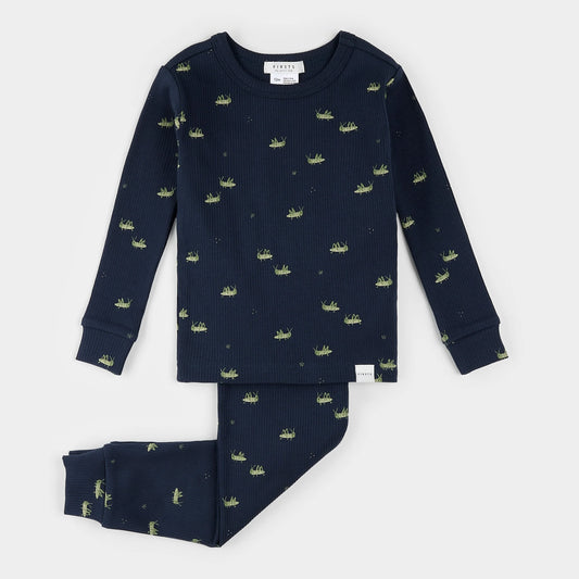 Grasshopper Print on Ribbed Blue Infant PJ Set | Petit Lem