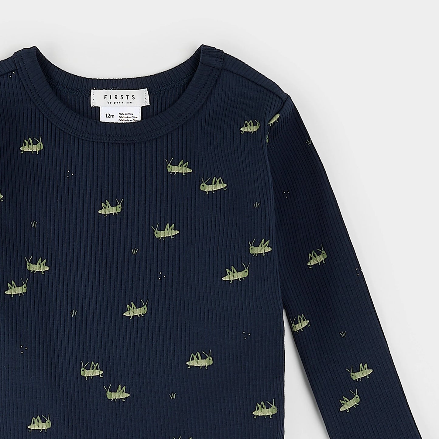 Grasshopper Print on Ribbed Blue Infant PJ Set | Petit Lem