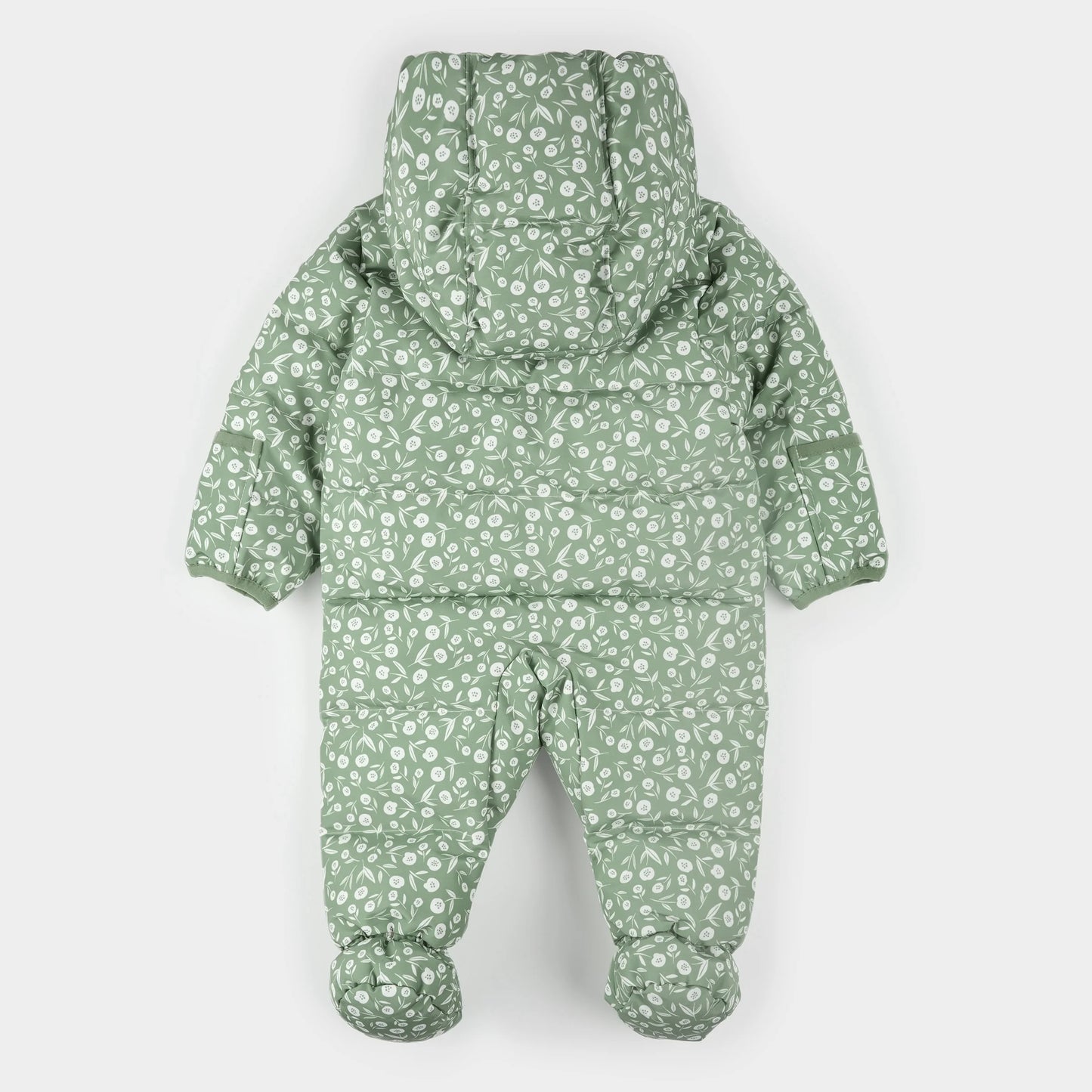 Hooded Baby Snowsuit | Floral Print on Sage Green | Petit Lem