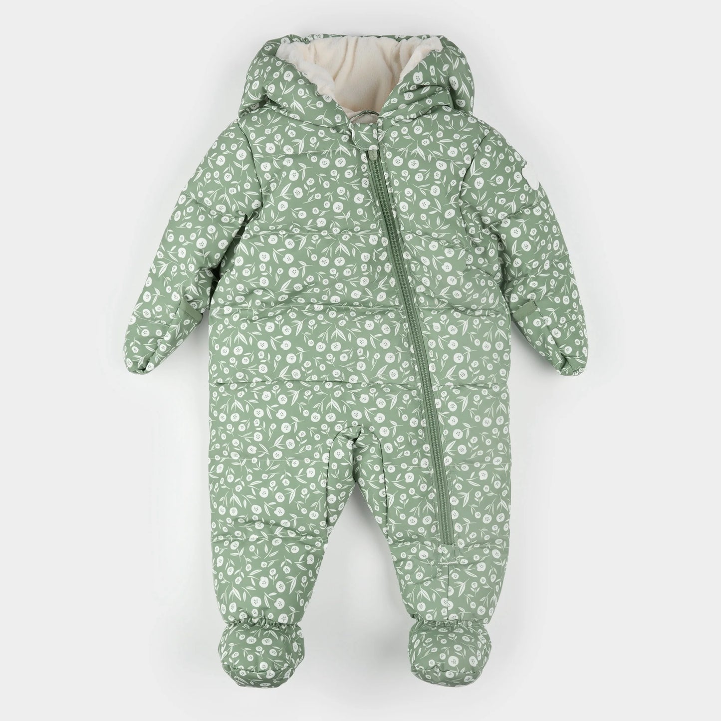 Hooded Baby Snowsuit | Floral Print on Sage Green | Petit Lem