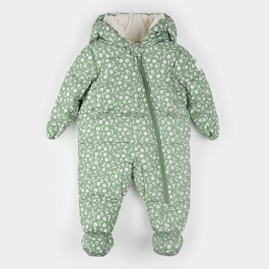 Hooded Baby Snowsuit | Floral Print on Sage Green | Petit Lem