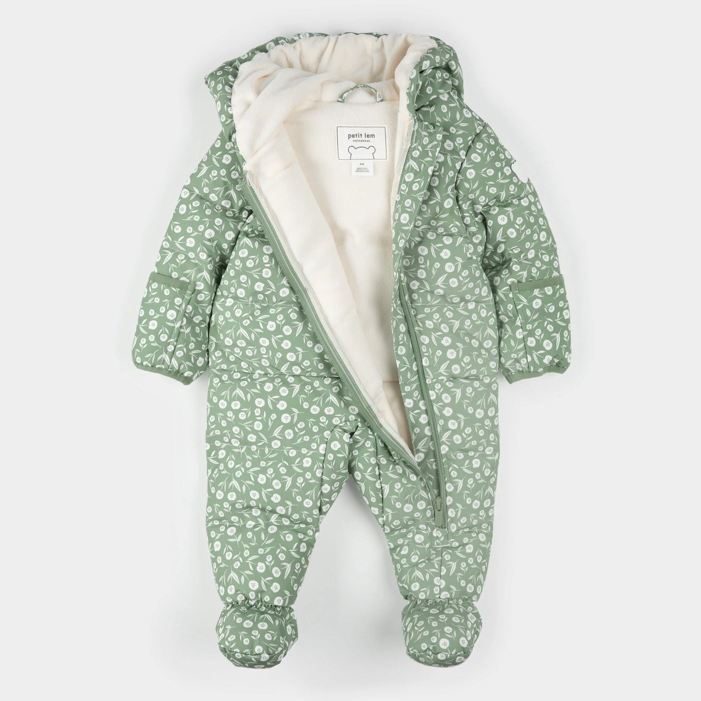 Hooded Baby Snowsuit | Floral Print on Sage Green | Petit Lem