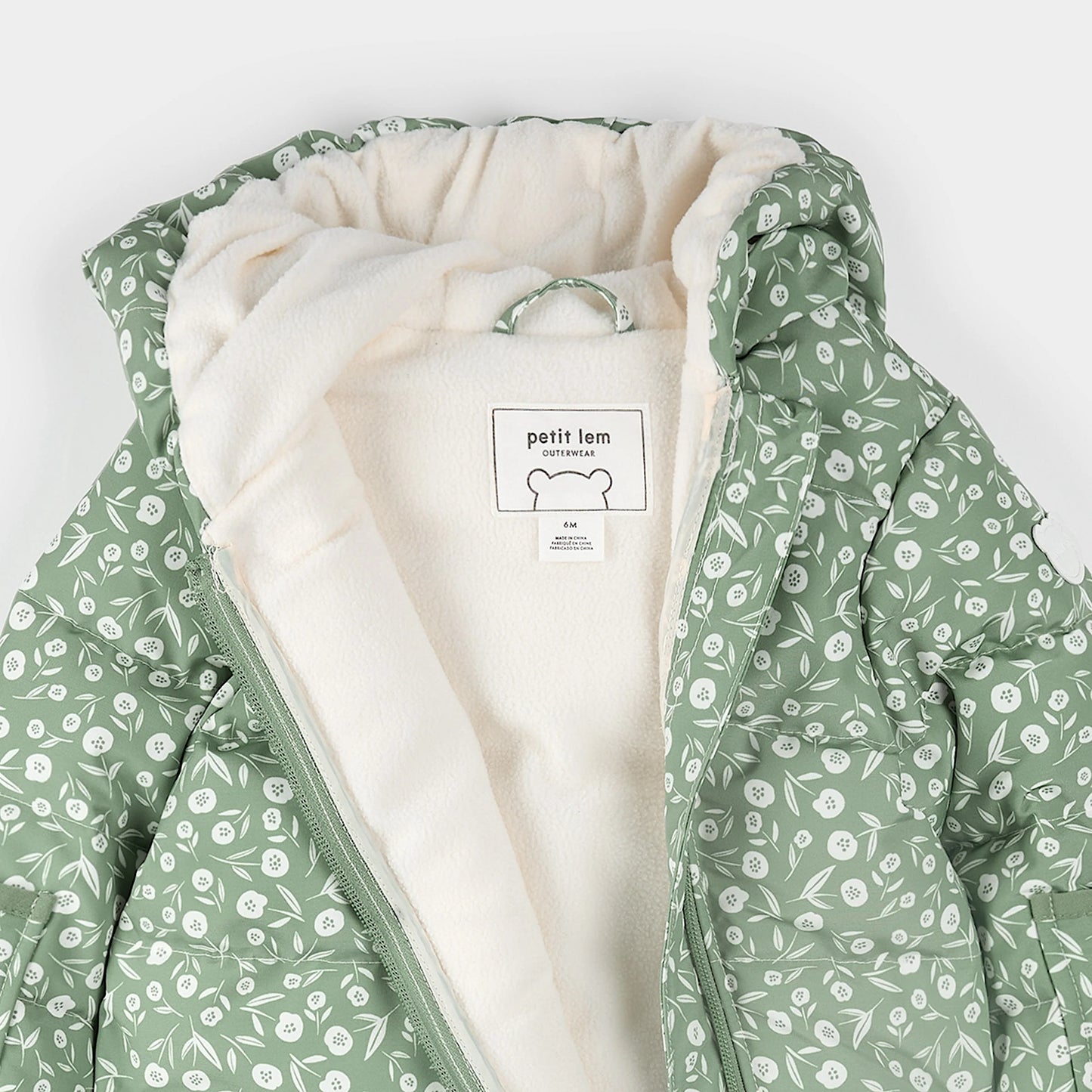 Hooded Baby Snowsuit | Floral Print on Sage Green | Petit Lem