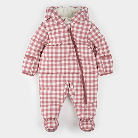 Hooded Baby Snowsuit | Plum Gingham | Petit Lem
