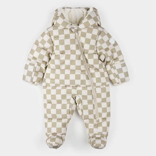 Hooded Baby Snowsuit | Crème Checkerboard | Petit Lem