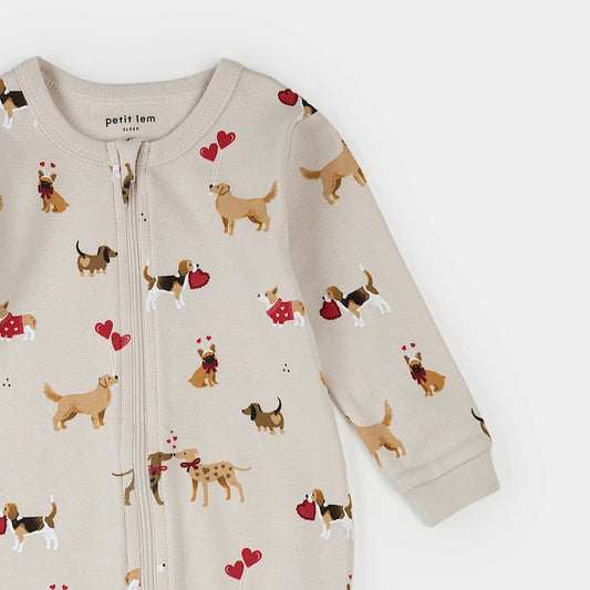 Puppy Love Print on Beige Footed Sleeper | Petit Lem