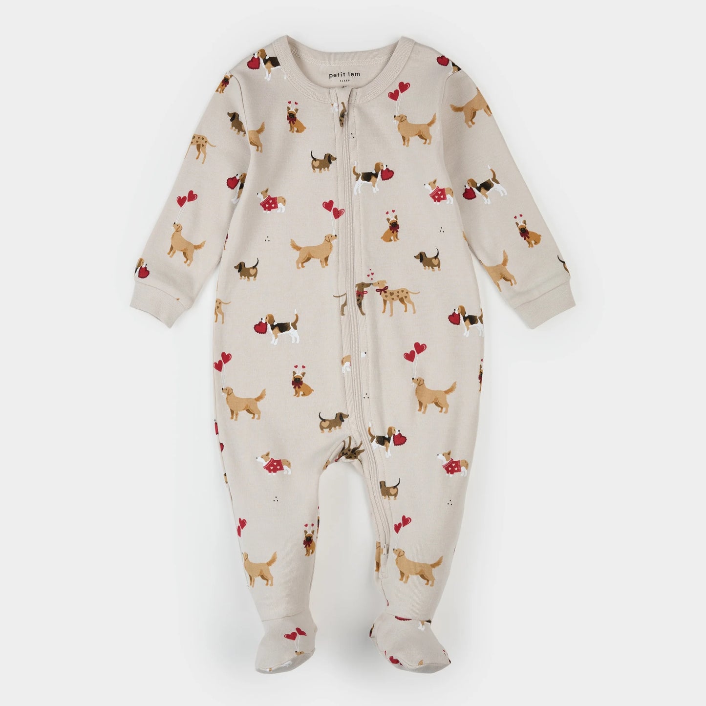 Puppy Love Print on Beige Footed Sleeper | Petit Lem