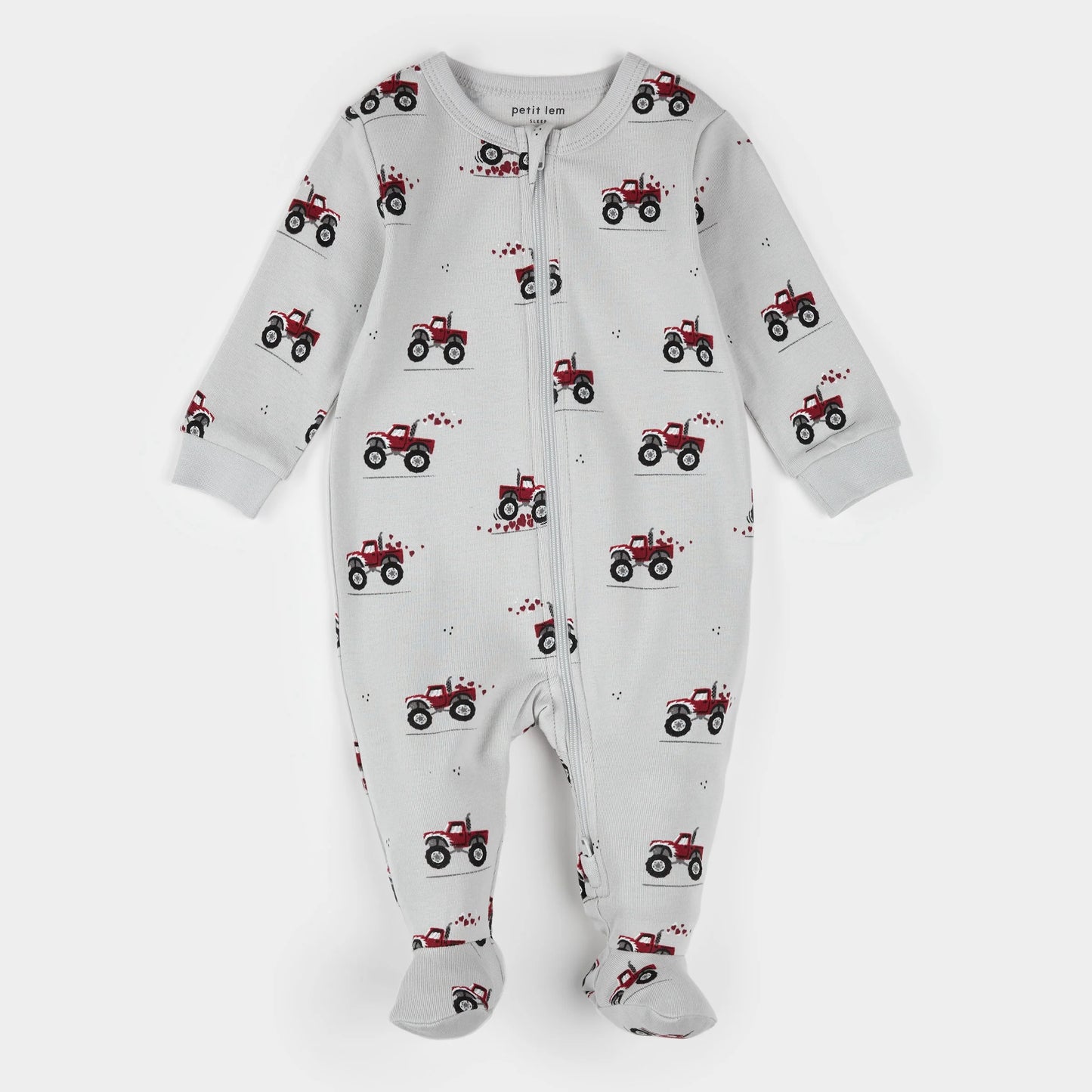 Monster Truck Love Print on Lunar Rock Footed Sleeper | Petit Lem