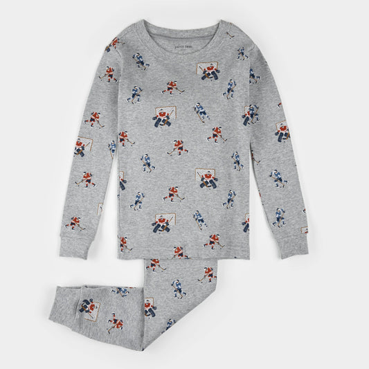Hockey Players Print on Heather Grey PJ Set | Petit Lem