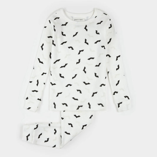 Bats Glow in the Dark Print on Off-White PJ Set | Petit Lem