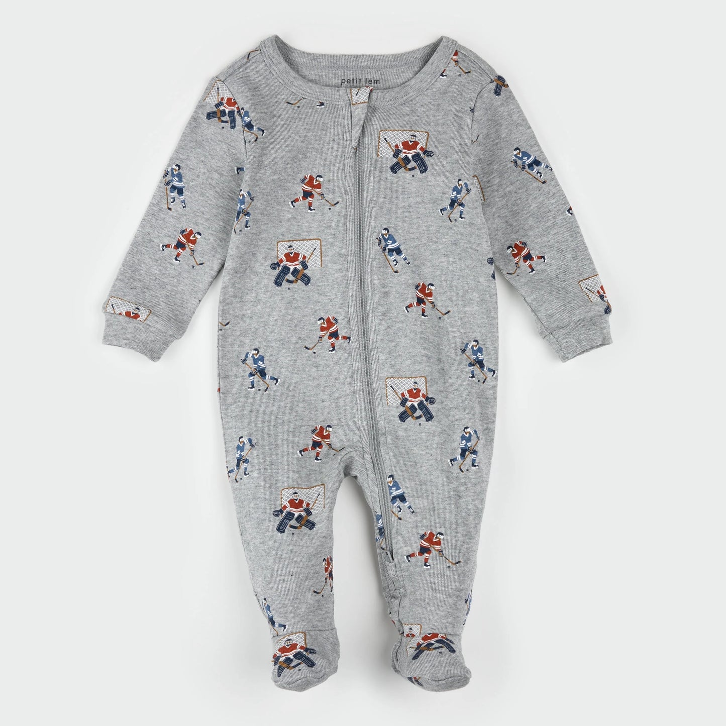 Footed Sleeper | Hockey Players on Heather Grey | Petit Lem