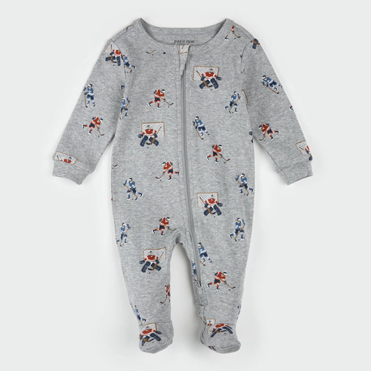 Footed Sleeper | Hockey Players on Heather Grey | Petit Lem
