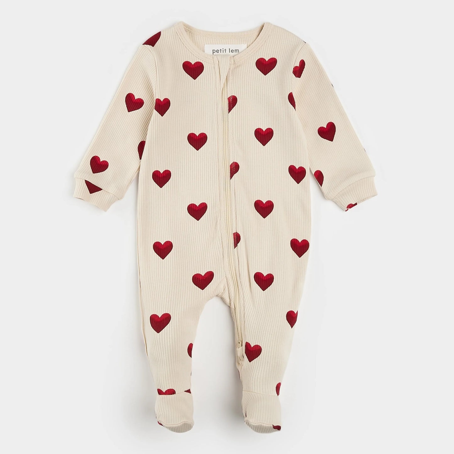 Heart Print on Ribbed Antique White Sleeper | Petit Lem