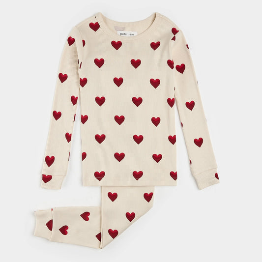 Heart Print on Ribbed Antique PJ Set | Petit Lem