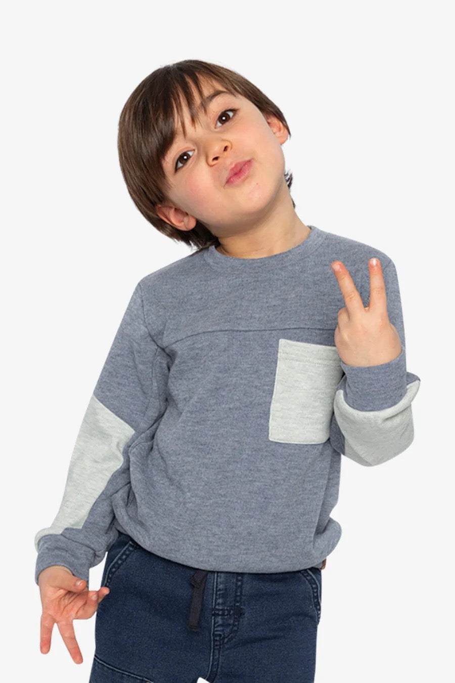 Colorblock Brushed Jersey with Chest Pocket | Blue-Grey | Deux Par Deux