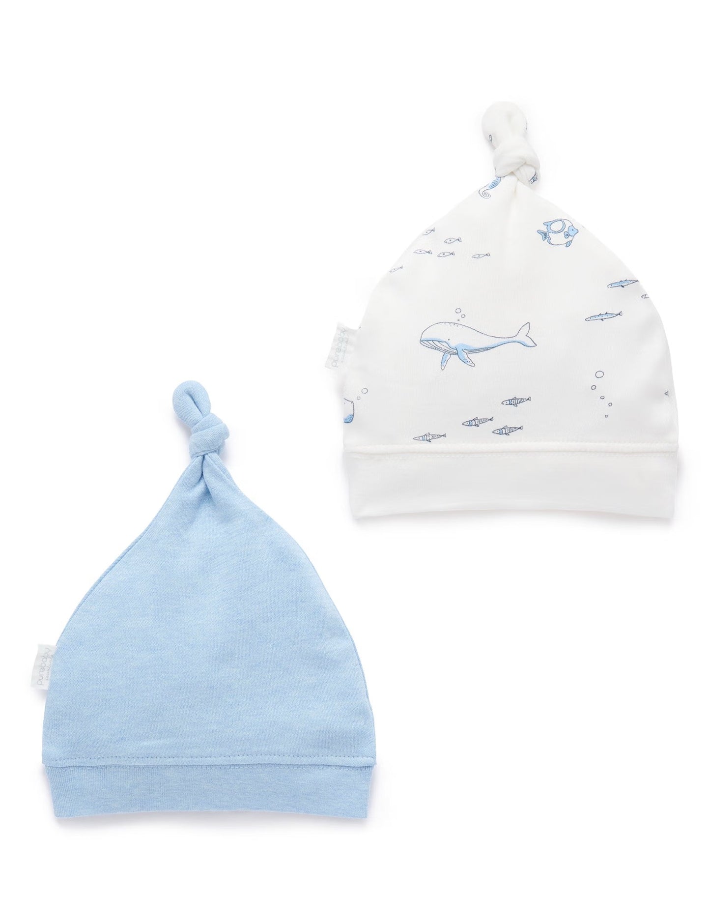 Knotted Baby Hats (2-Pack) | Blue & White Marine Animals | Purebaby