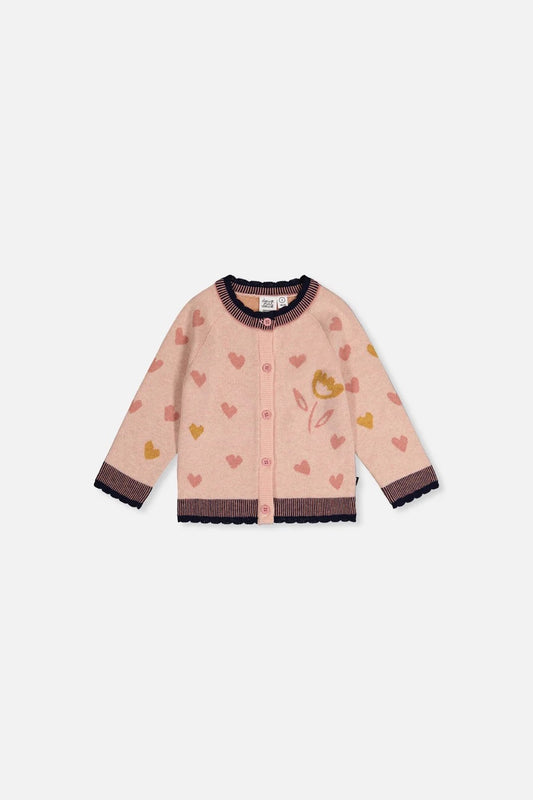 Baby Knitted Jacquard Cardigan | Pale Dusty Pink And Navy | Deux par Deux
