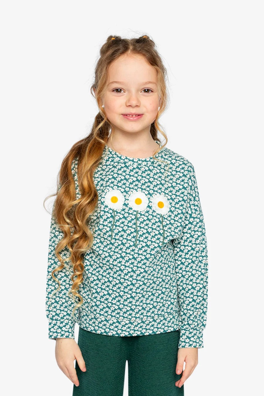 Printed Jersey Long Sleeve T-Shirt | Green Floral Print | Deux Par Deux