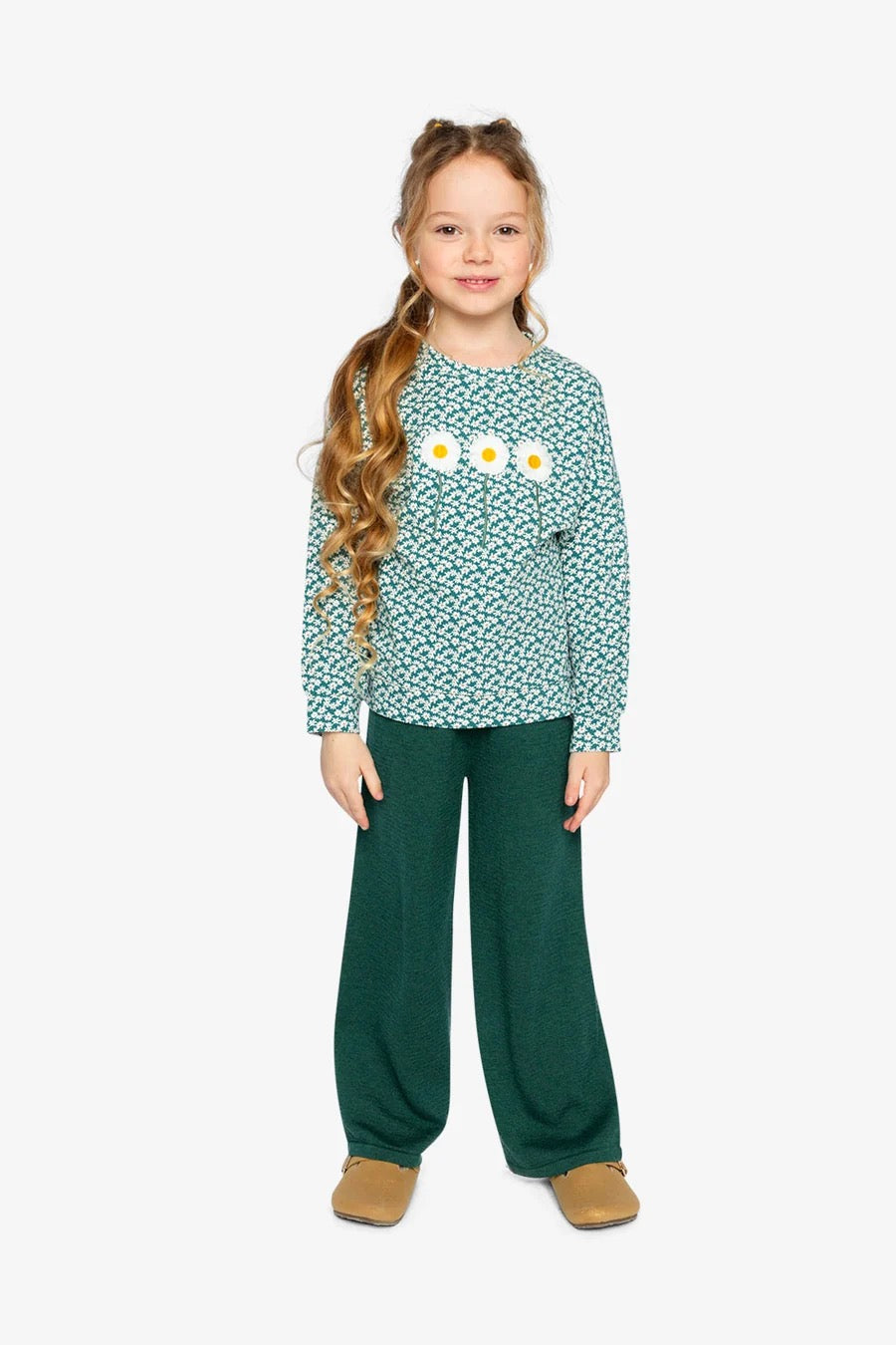 Printed Jersey Long Sleeve T-Shirt | Green Floral Print | Deux Par Deux