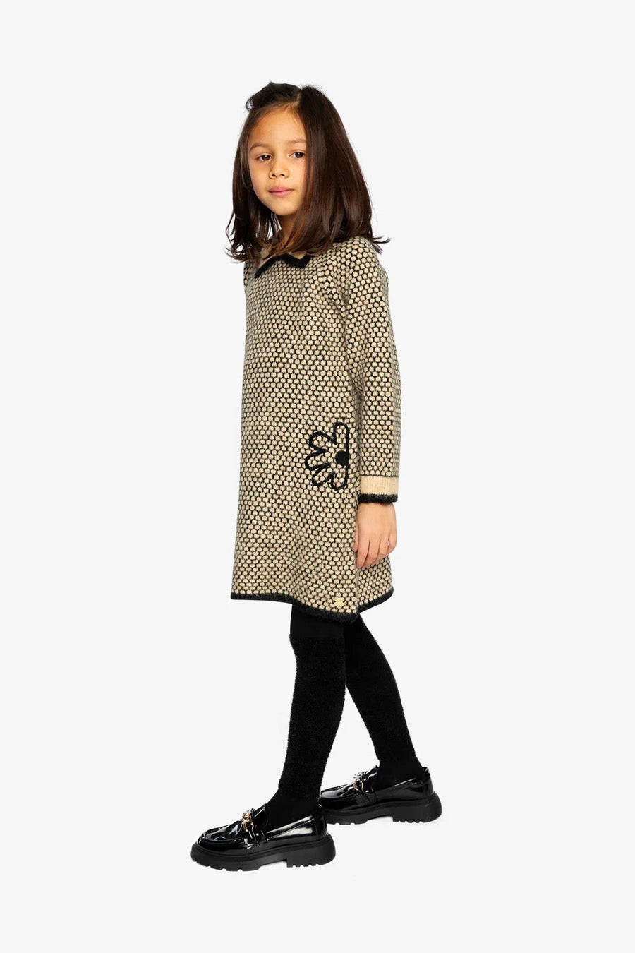 Knit Dress With Collar | Beige And Black | Deux Par Deux