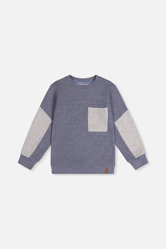 Colorblock Brushed Jersey with Chest Pocket | Blue-Grey | Deux Par Deux