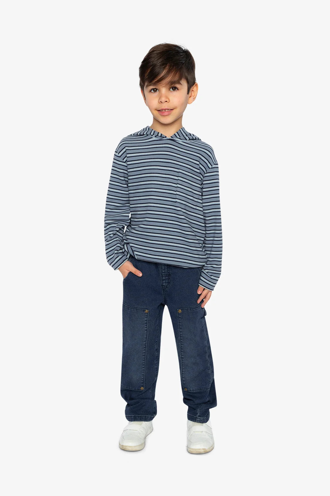 Striped Brushed Jersey Hooded T-Shirt | Blue And White | Deux Par Deux