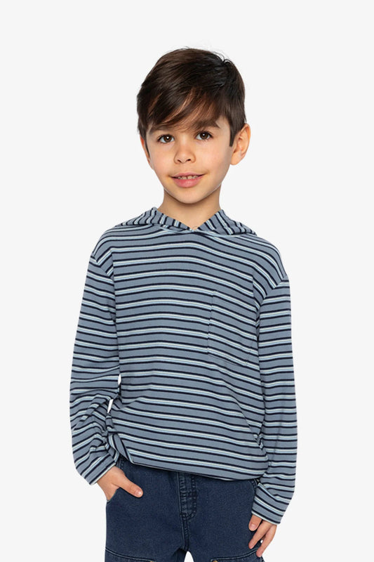 Striped Brushed Jersey Hooded T-Shirt | Blue And White | Deux Par Deux