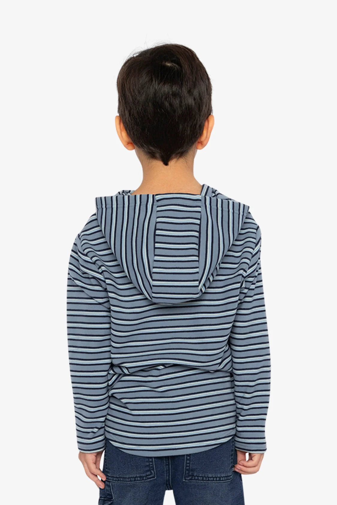 Striped Brushed Jersey Hooded T-Shirt | Blue And White | Deux Par Deux