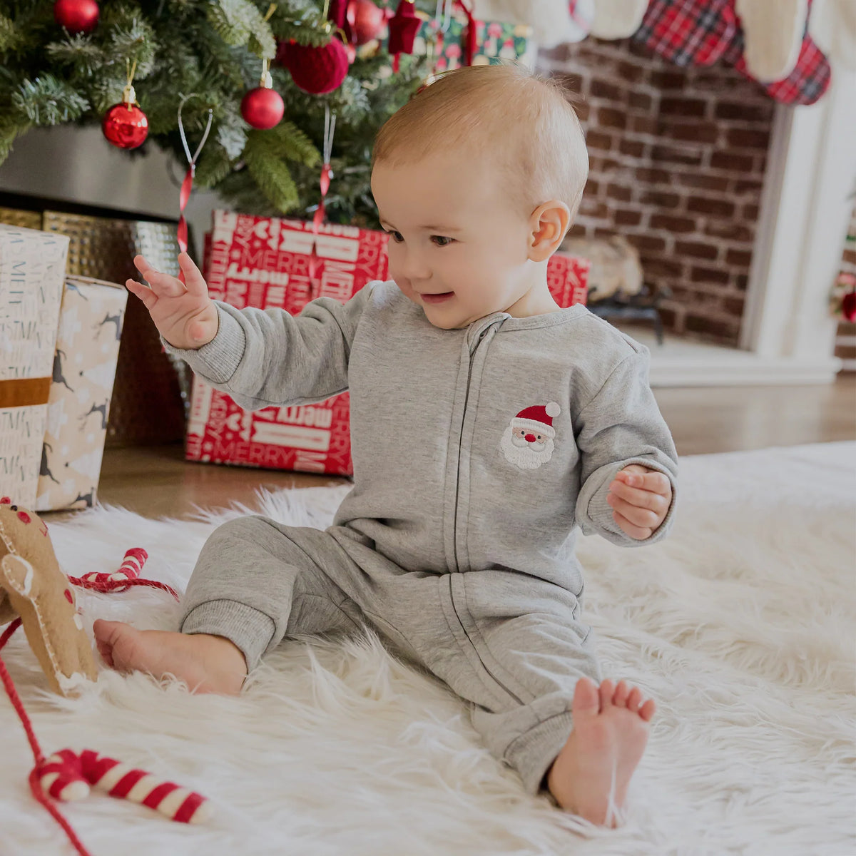 Knit Playsuit | Santa Baby on Heather Grey | Petit Lem