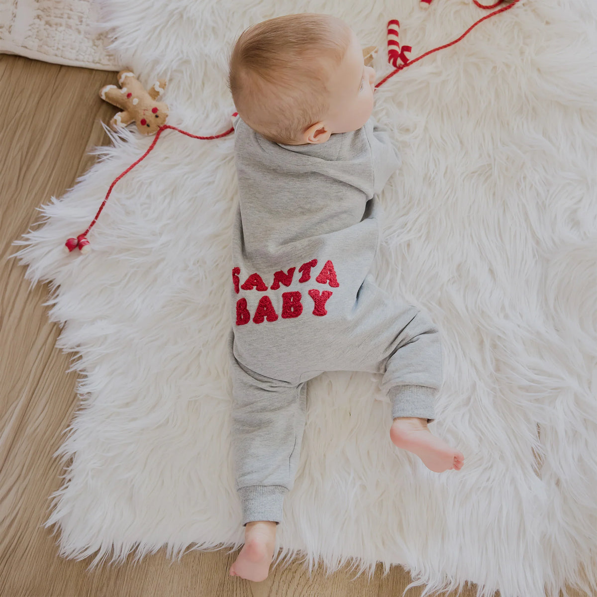 Knit Playsuit | Santa Baby on Heather Grey | Petit Lem