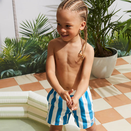 Striped Bluejay & White Swim Trunks | Miles The Label