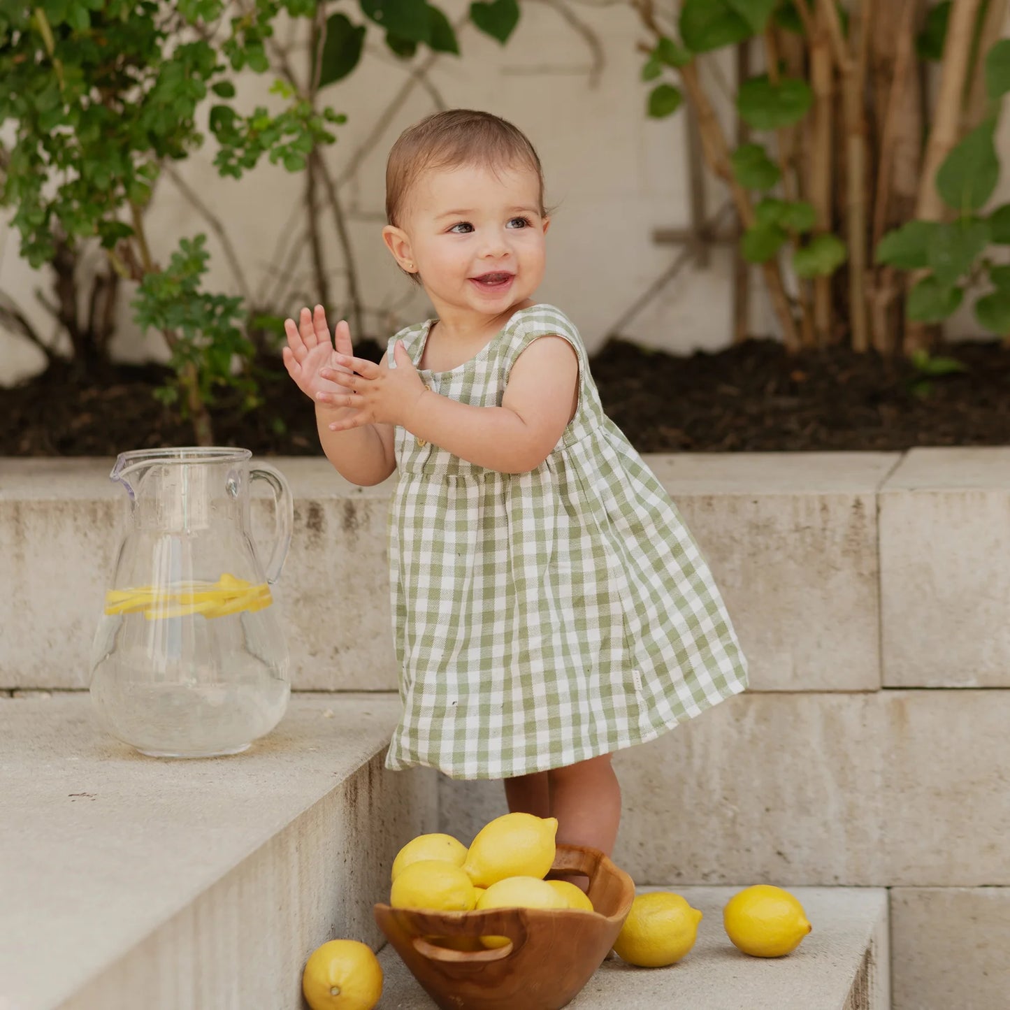 Gingham Cross Hatch Linen Woven Dress Set | Petit Lem