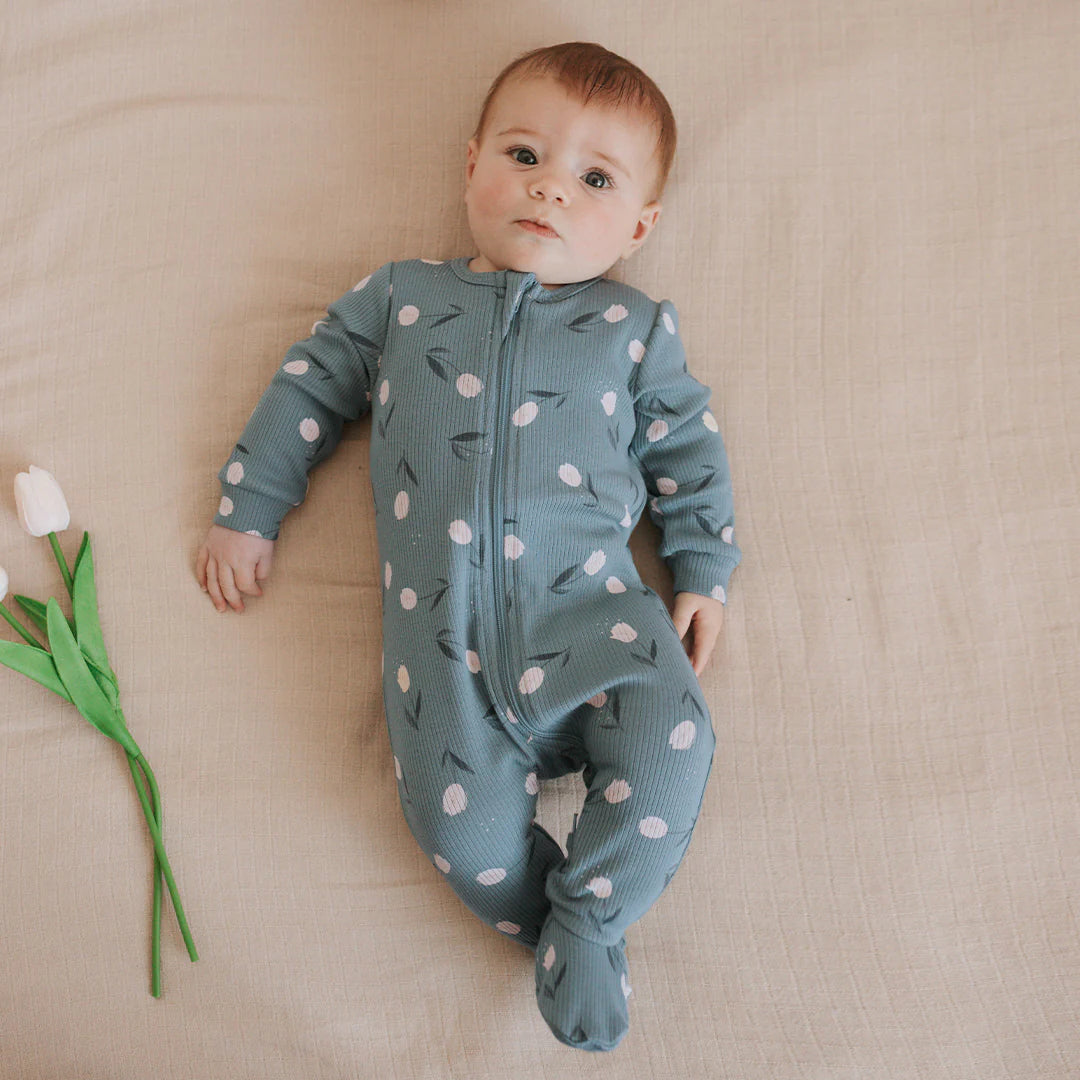 Ribbed Sleeper | Tulips Print on Sea Blue | Petit Lem