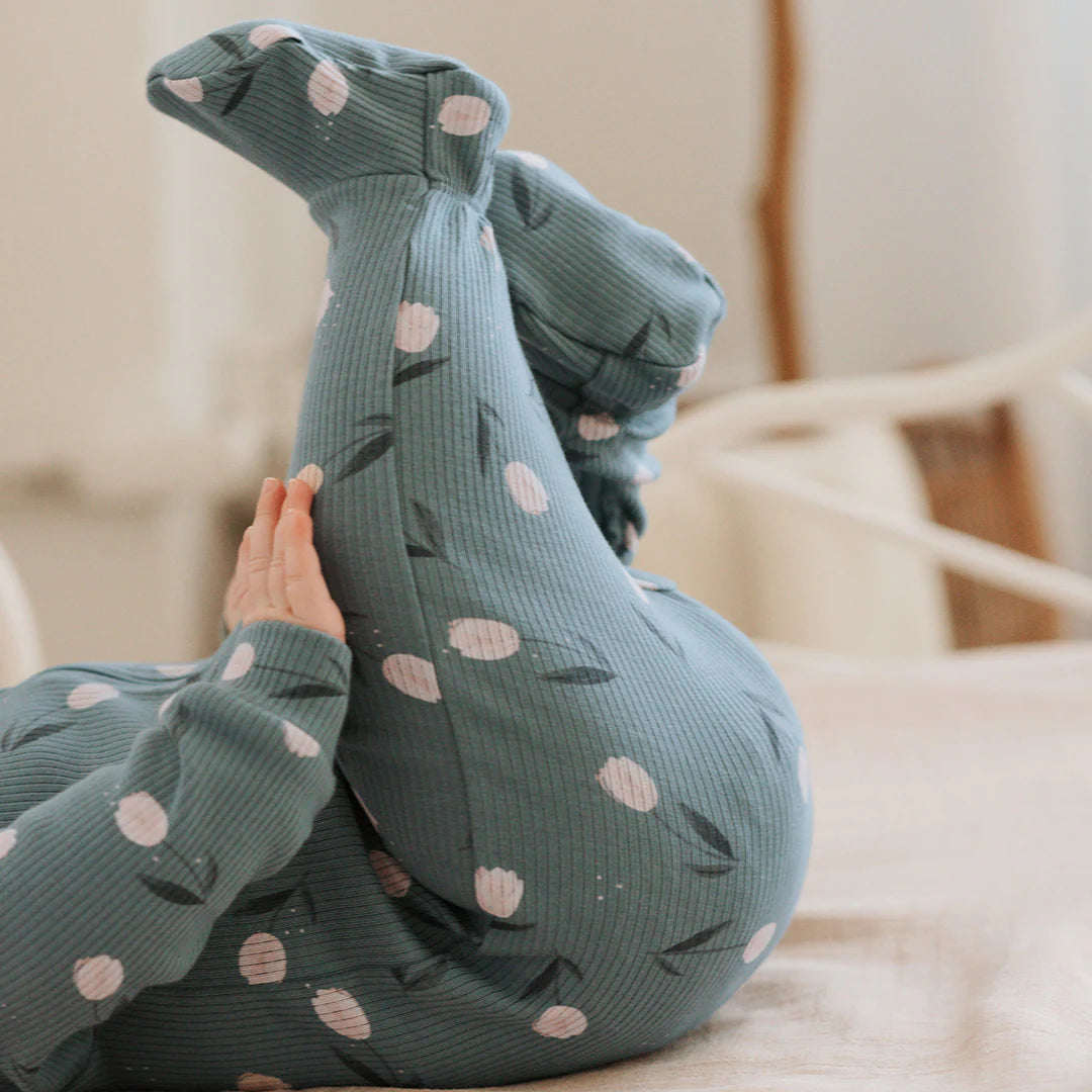 Ribbed Sleeper | Tulips Print on Sea Blue | Petit Lem