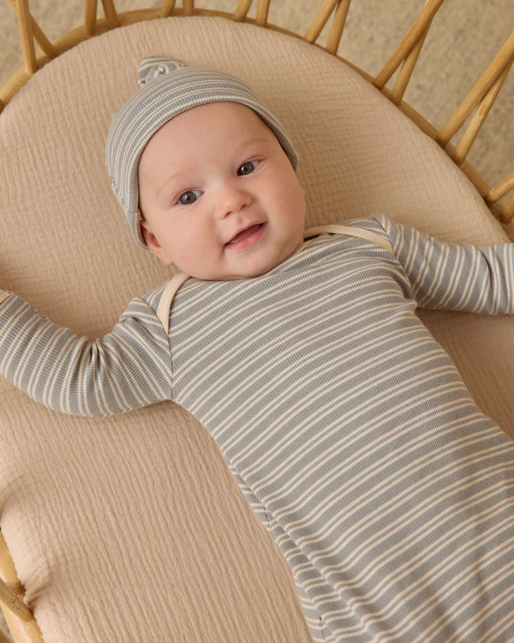 Knotted Baby Gown + Hat Set | Steel  Blue Micro Stripe | Quincy Mae
