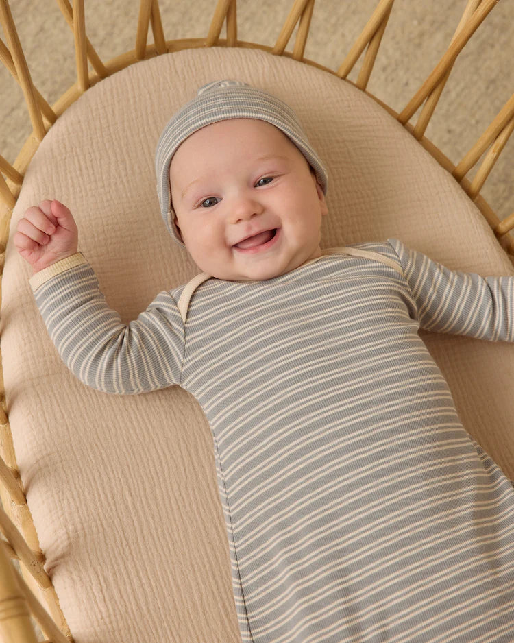 Knotted Baby Gown + Hat Set | Steel  Blue Micro Stripe | Quincy Mae
