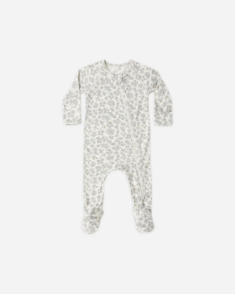 Bamboo Zip Footie | Blue Floral | Quincy Mae