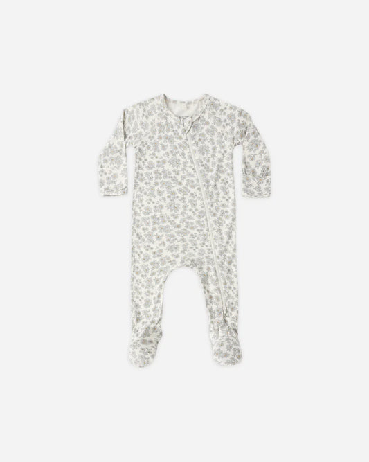 Bamboo Zip Footie | Blue Floral | Quincy Mae