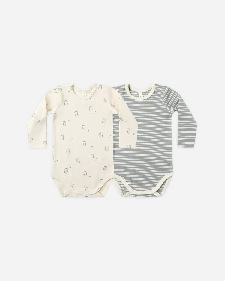 Ribbed Bodysuit, 2 Pack | Steel Blue  Micro Stripe, Owls | Quincy Mae