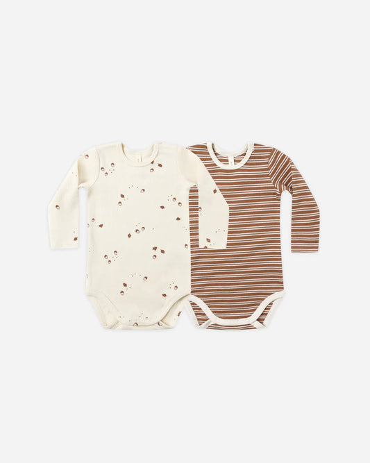 Ribbed Bodysuit, 2 Pack | Cedar Micro Stripe, Acorns | Quincy Mae