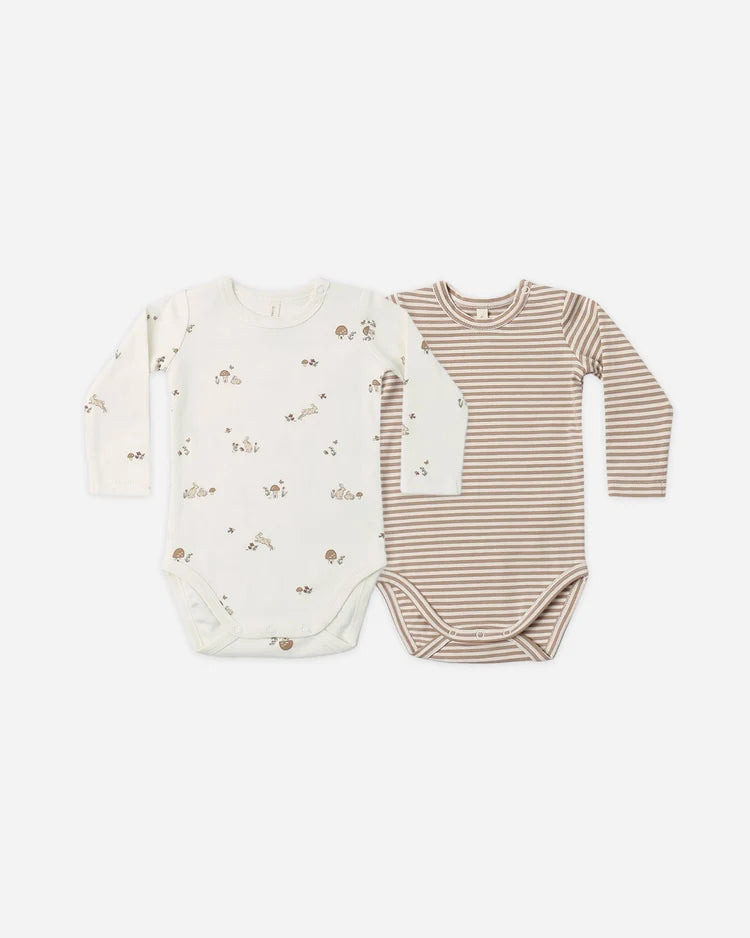 Jersey Bodysuit, 2 Pack | Bunnies, Almond Stripe | Quincy Mae