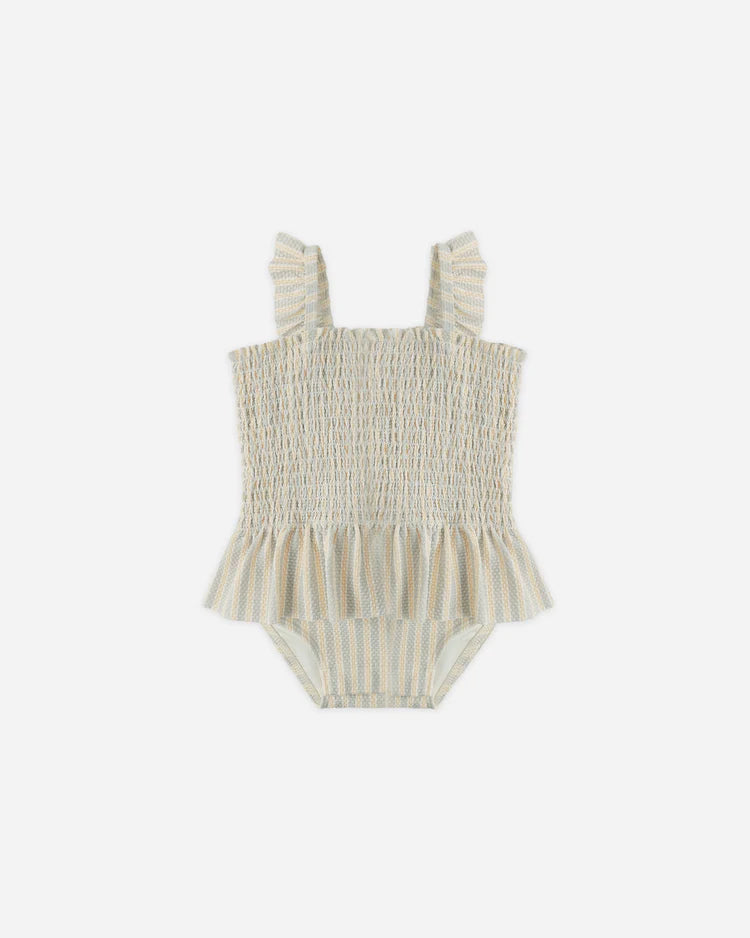 Smocked One-Piece Swimsuit | Blue + Butterscotch Stripe | Quincy Mae