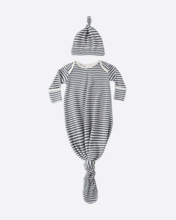 Knotted Baby Gown + Hat Set | Ocean Stripe | Quincy Mae