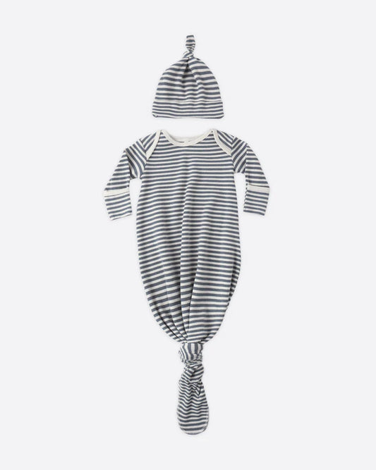 Knotted Baby Gown + Hat Set | Ocean Stripe | Quincy Mae