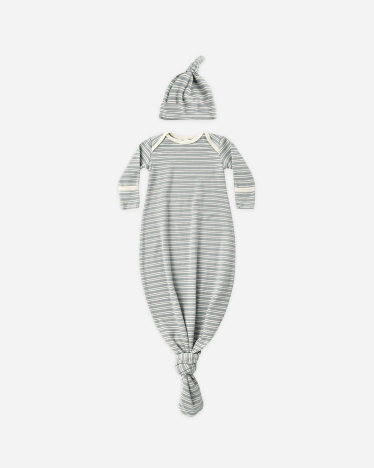 Knotted Baby Gown + Hat Set | Steel  Blue Micro Stripe | Quincy Mae