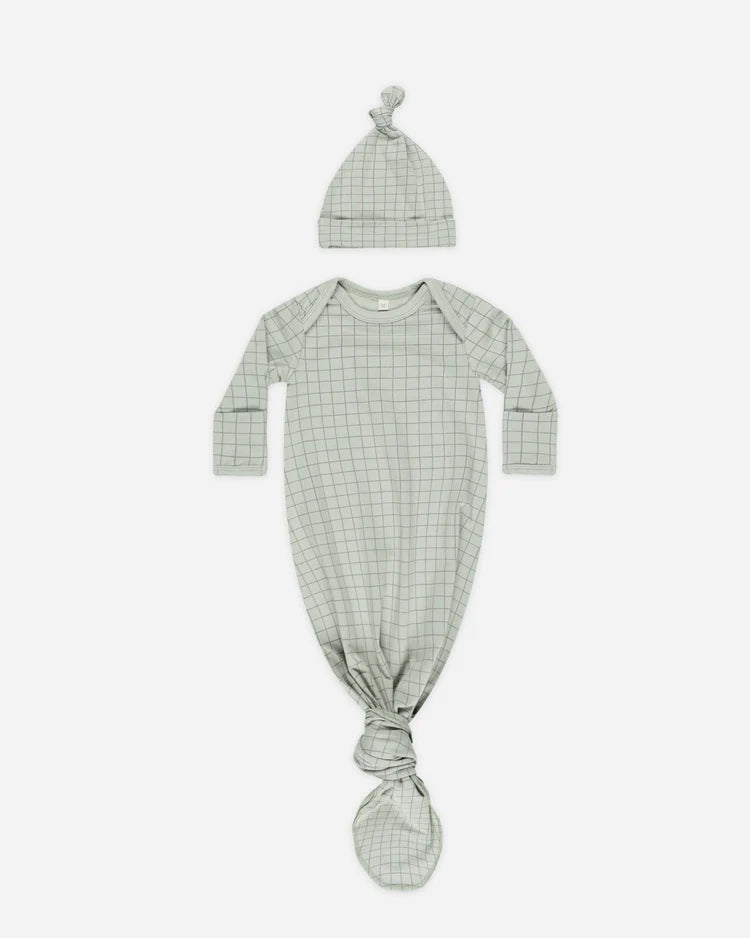 Knotted Baby Gown + Hat Set | Sage  Grid | Quincy Mae